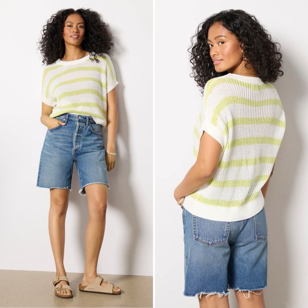 Evereve Ivy Relaxed Crop Top In Keylime Stripe XS